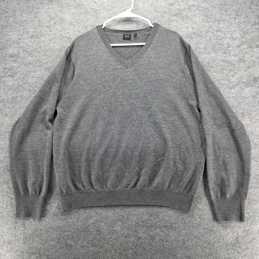 BLACK Saks Fifth Avenue Sweater Mens 2XL Gray 100% Wool V Neck Pullover Argyle